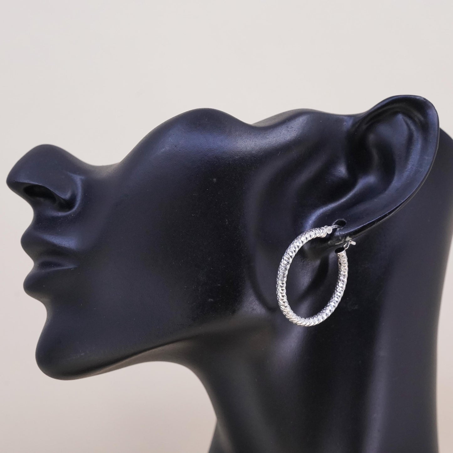 1", Vintage sterling silver loop single earring, textured primitive hoop