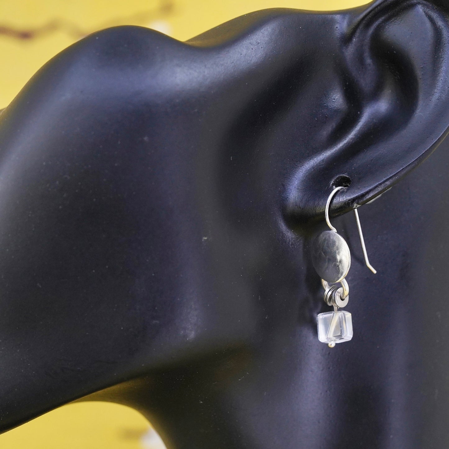 Vintage handmade sterling silver earrings, 925 hammered disc with crystal cube