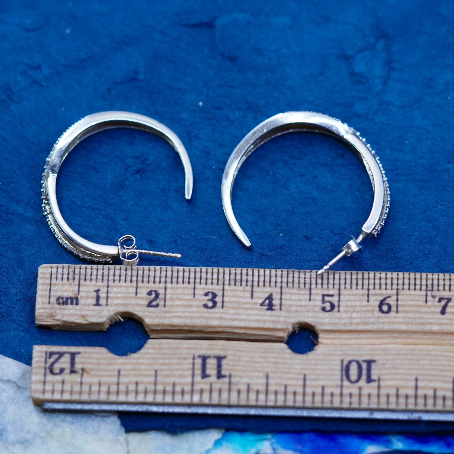 1”, Vintage Sterling 925 silver earrings, hoops, huggie w/ diamond