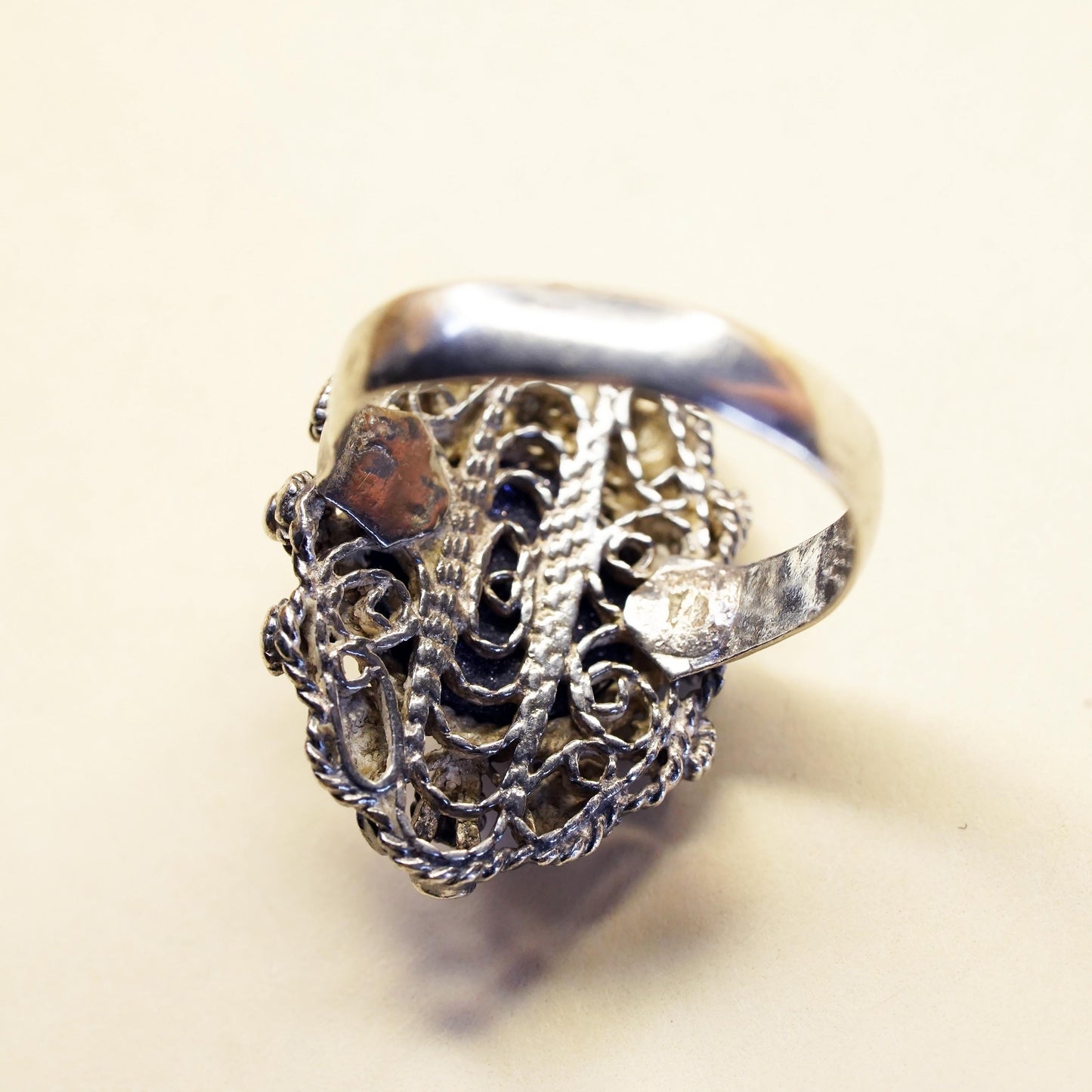 Size 6.25, Vintage sterling 925 silver filigree ring with goldstone and beads
