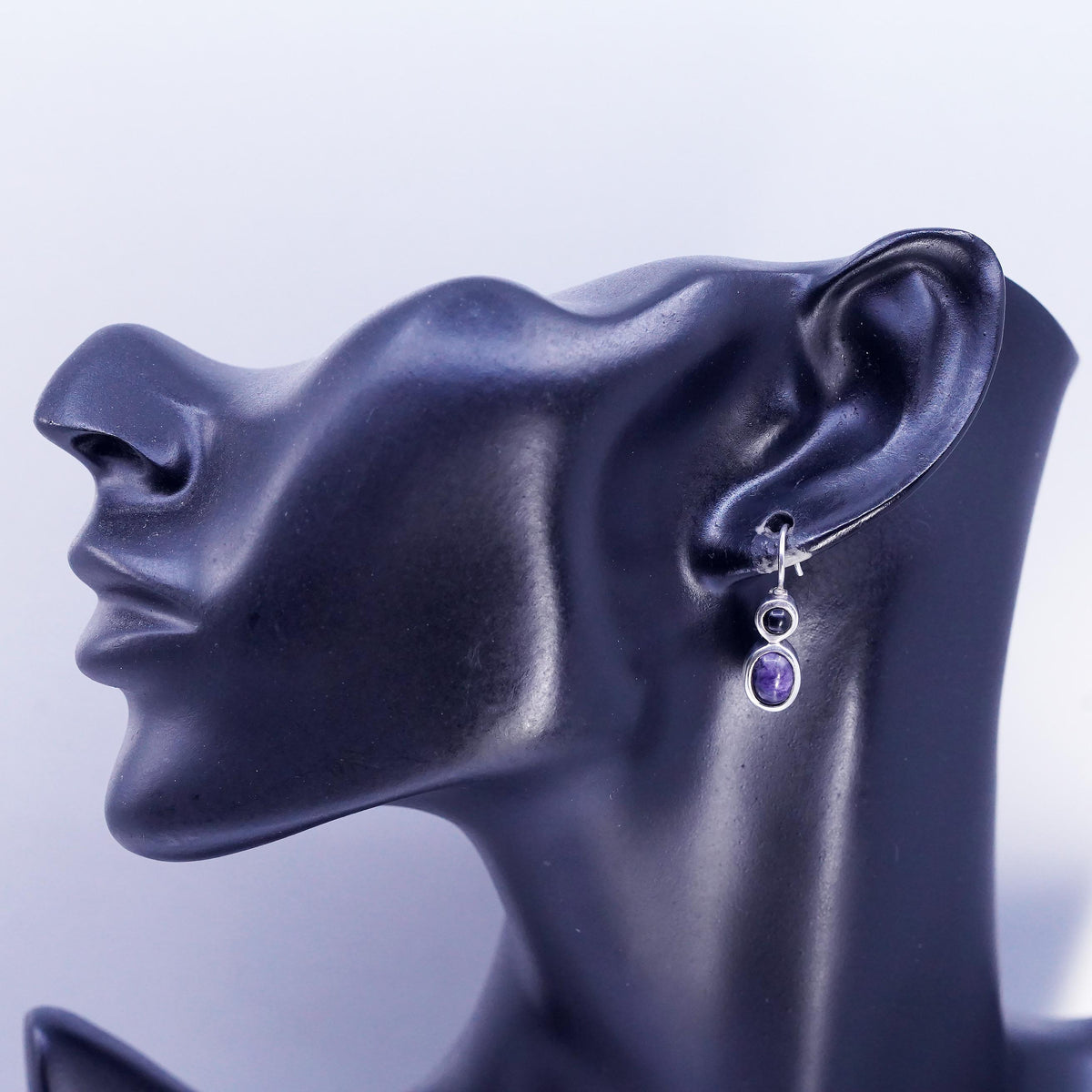 Sterling Silver 925 Amethyst Onyx Drops, Purple Cabochon, Leverback Earrings