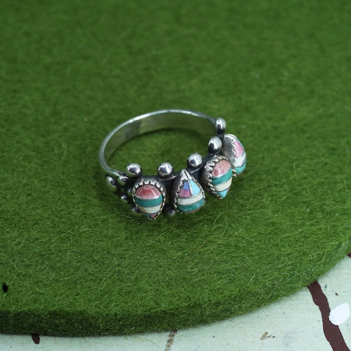 Size 5.75, Native American Zuni Sterling silver ring, 925 band turquoise coral