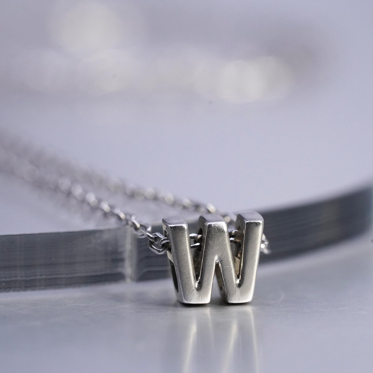 16+2" Sterling silver necklace, 925 flatten circle chain with letter M pendant