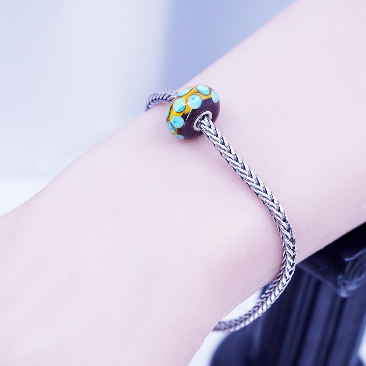 7” trollbead LAA sterling silver bracelet, bold 925 wheat artisan glass charms