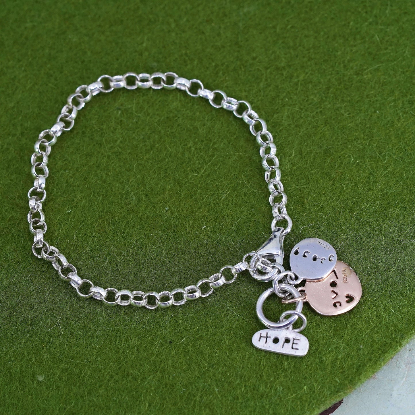 6.5”, sterling silver circle link bracelet, circle chain hope love peace charms