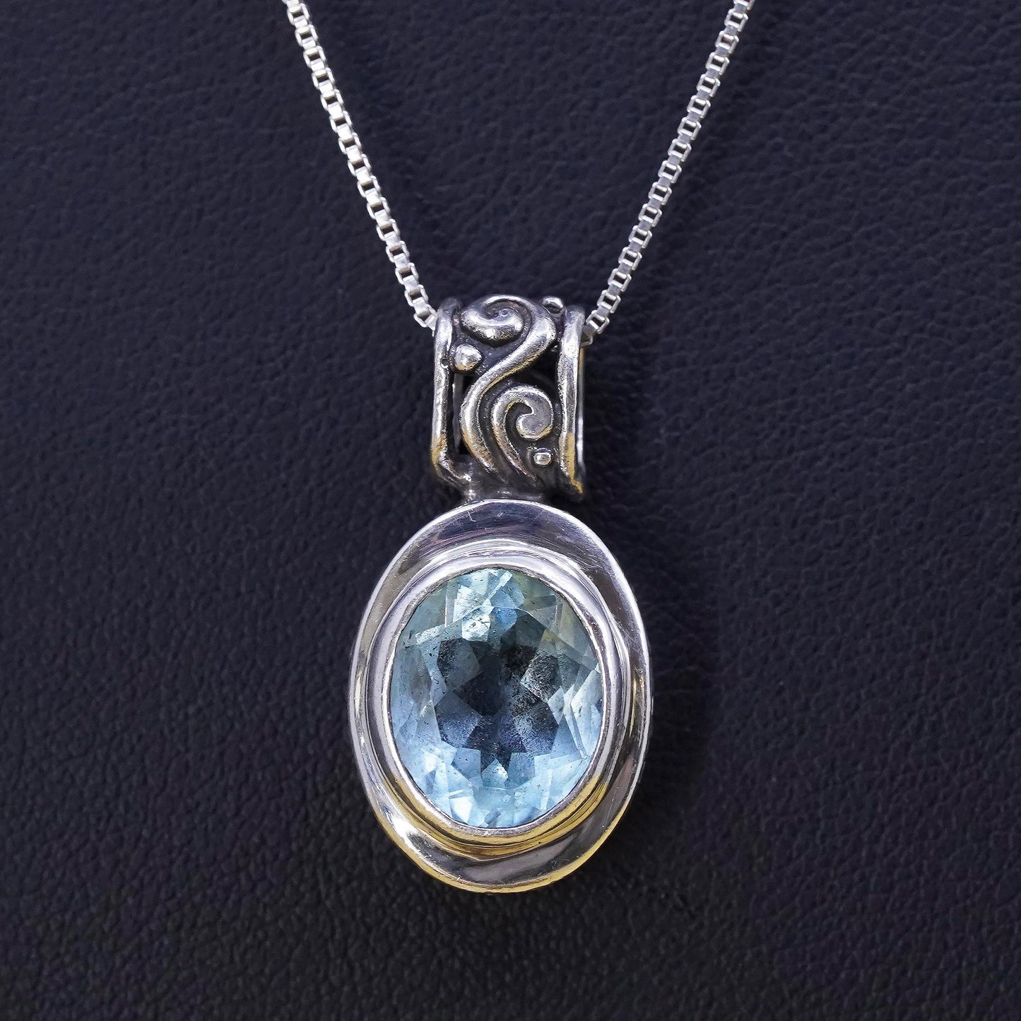 16”, Vintage Sterling silver necklace, 925 box chain oval blue topaz pendant