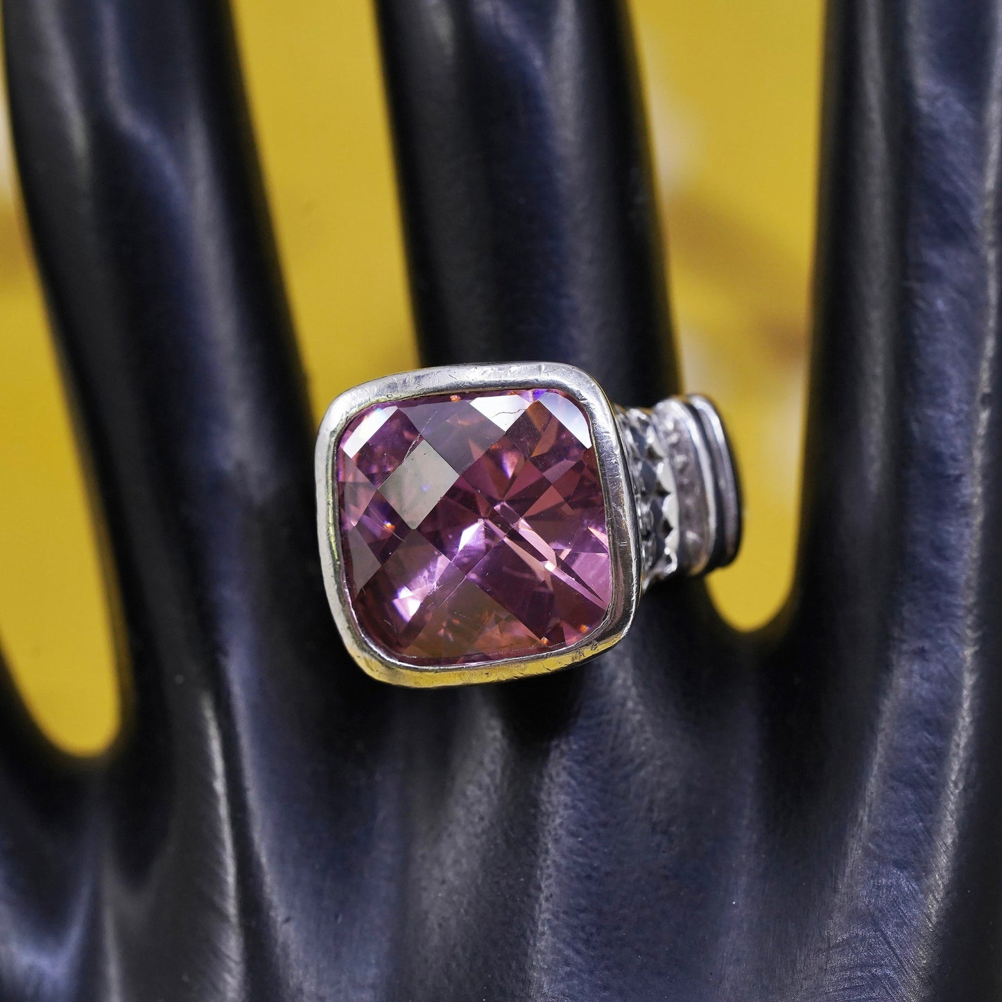 Size 9.25, Sterling 925 silver statement handmade cocktail ring pink crystal