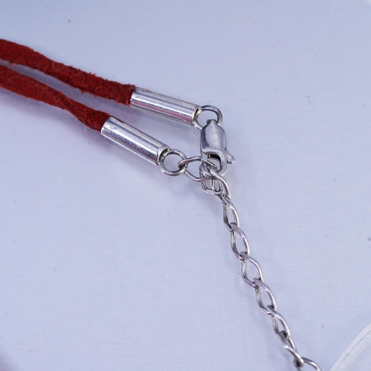 16+2", vintage Sterling 925 silver red leather chain necklace circle pendant
