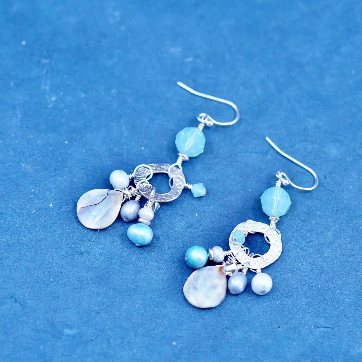 Rare 925 Sterling 925 Silver handmade pearl abalone bead dangly earrings