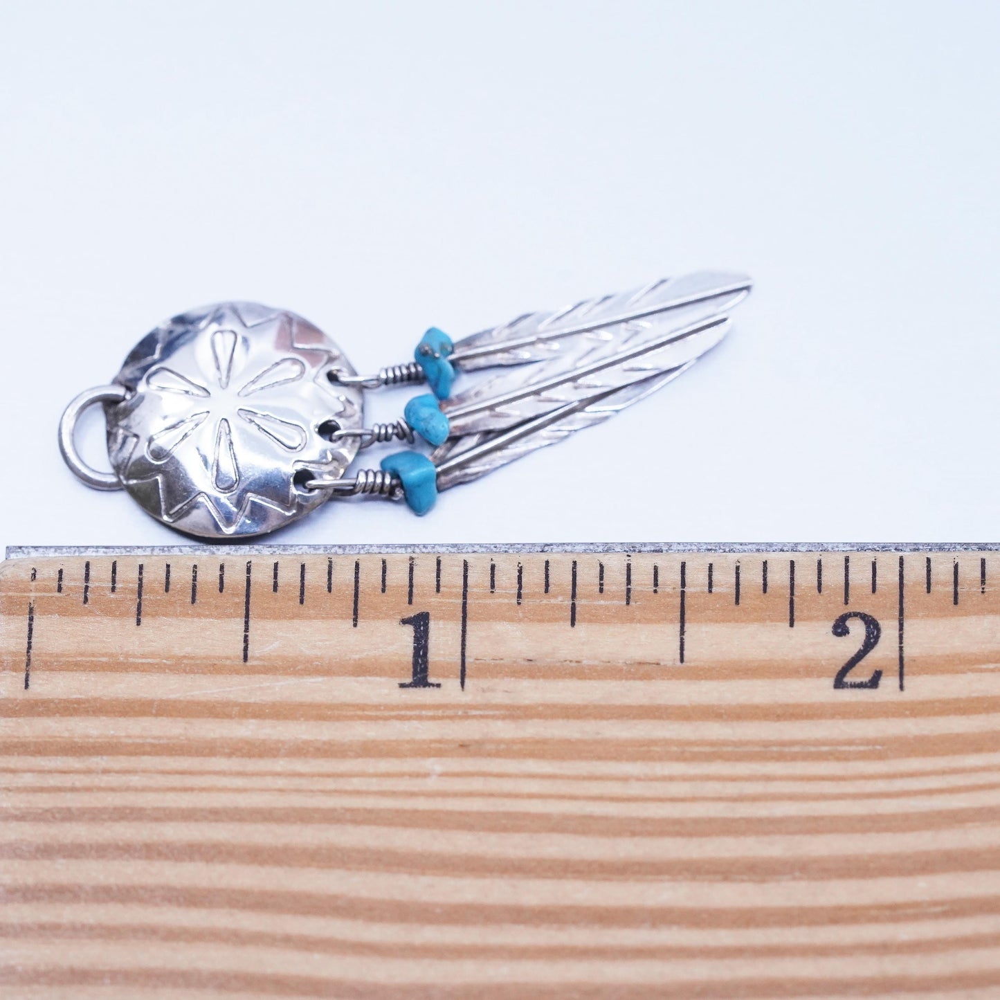Native American sterling 925 silver circle pendant feather dangles turquoise