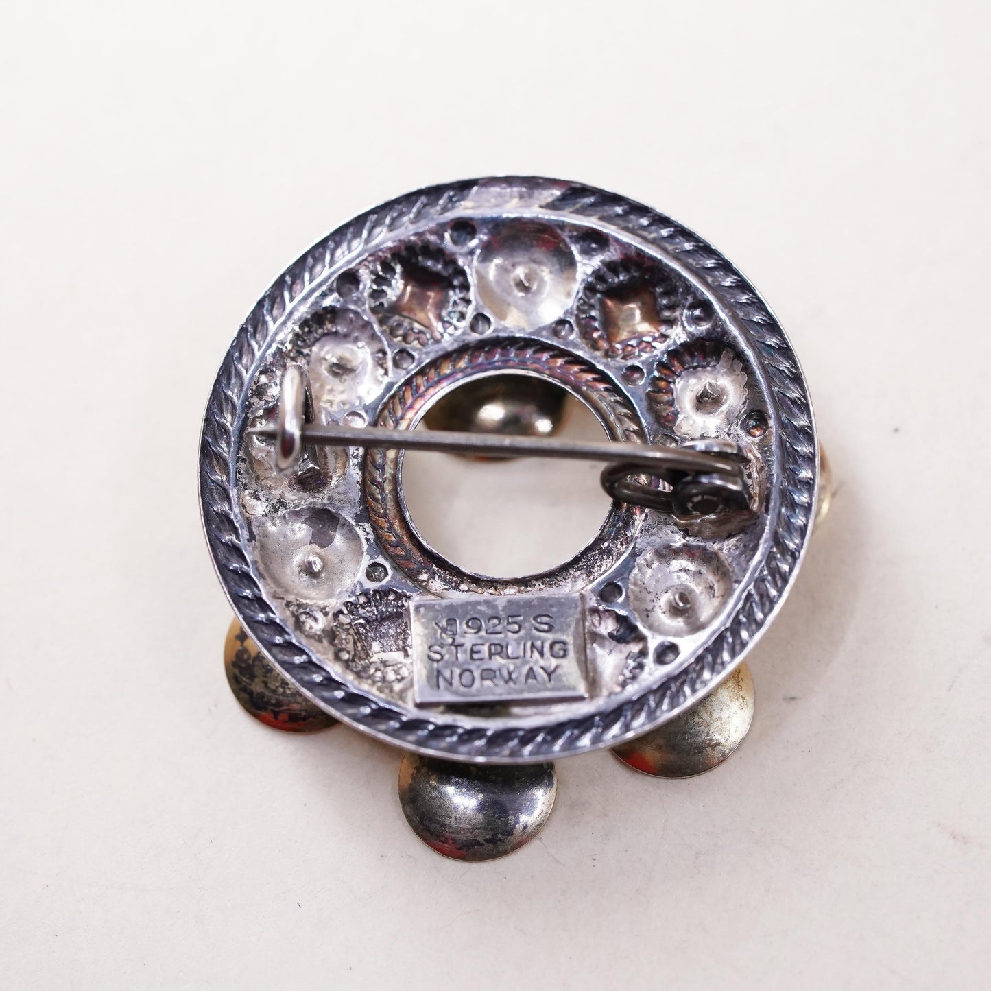 Norway Sterling Silver Brooch 925, Nordic Folk Pin with Discs, Tribal Jewelry