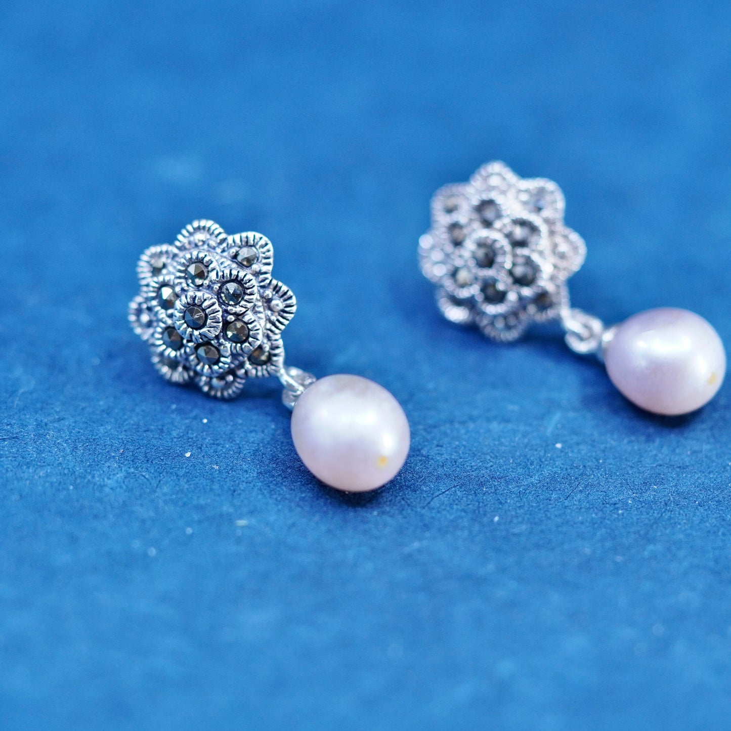 Vtg modern Sterling 925 silver handmade flower earrings with pearl beads