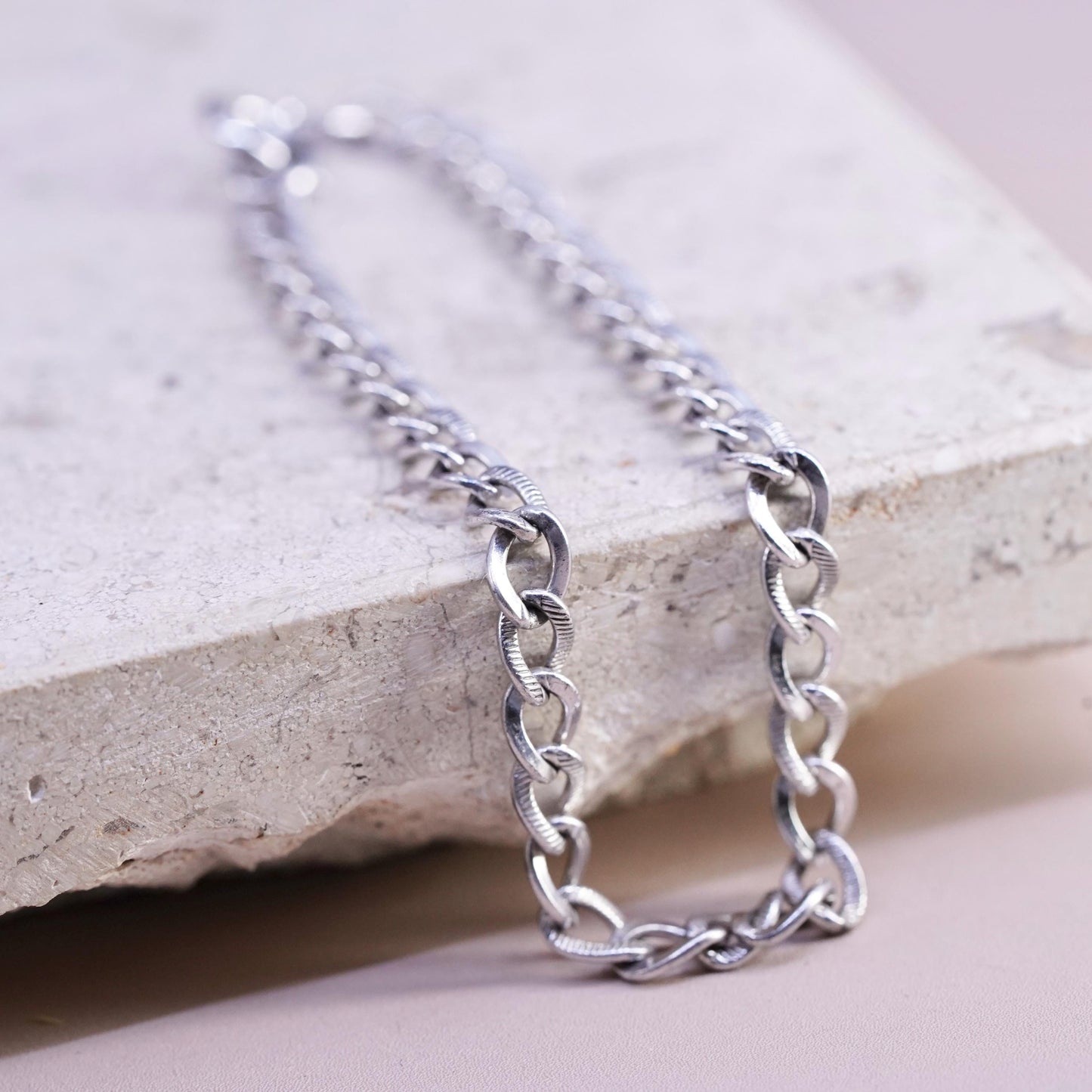 6.75”, vintage Sterling silver handmade bracelet, textured 925 curb link chain