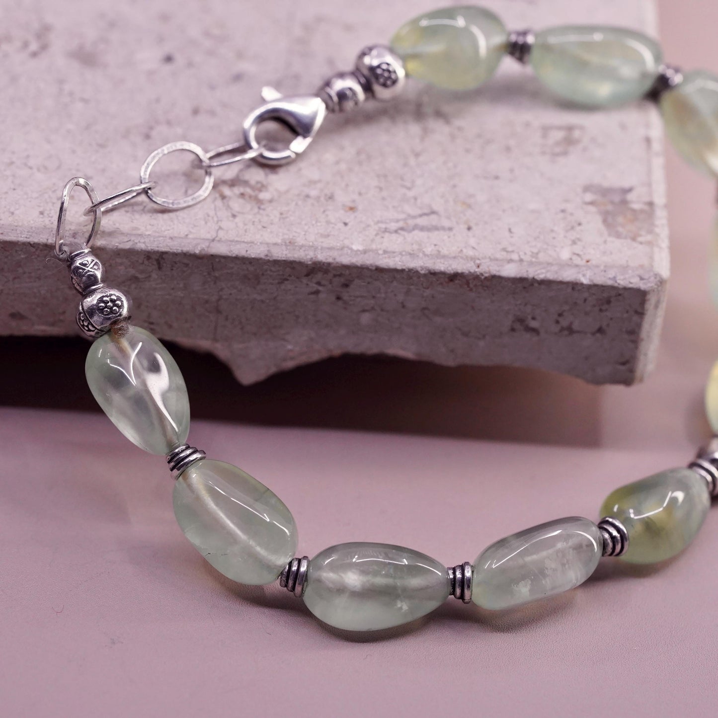 7.25", vintage Sterling 925 silver handmade bracelet with oval prehnite nuggets
