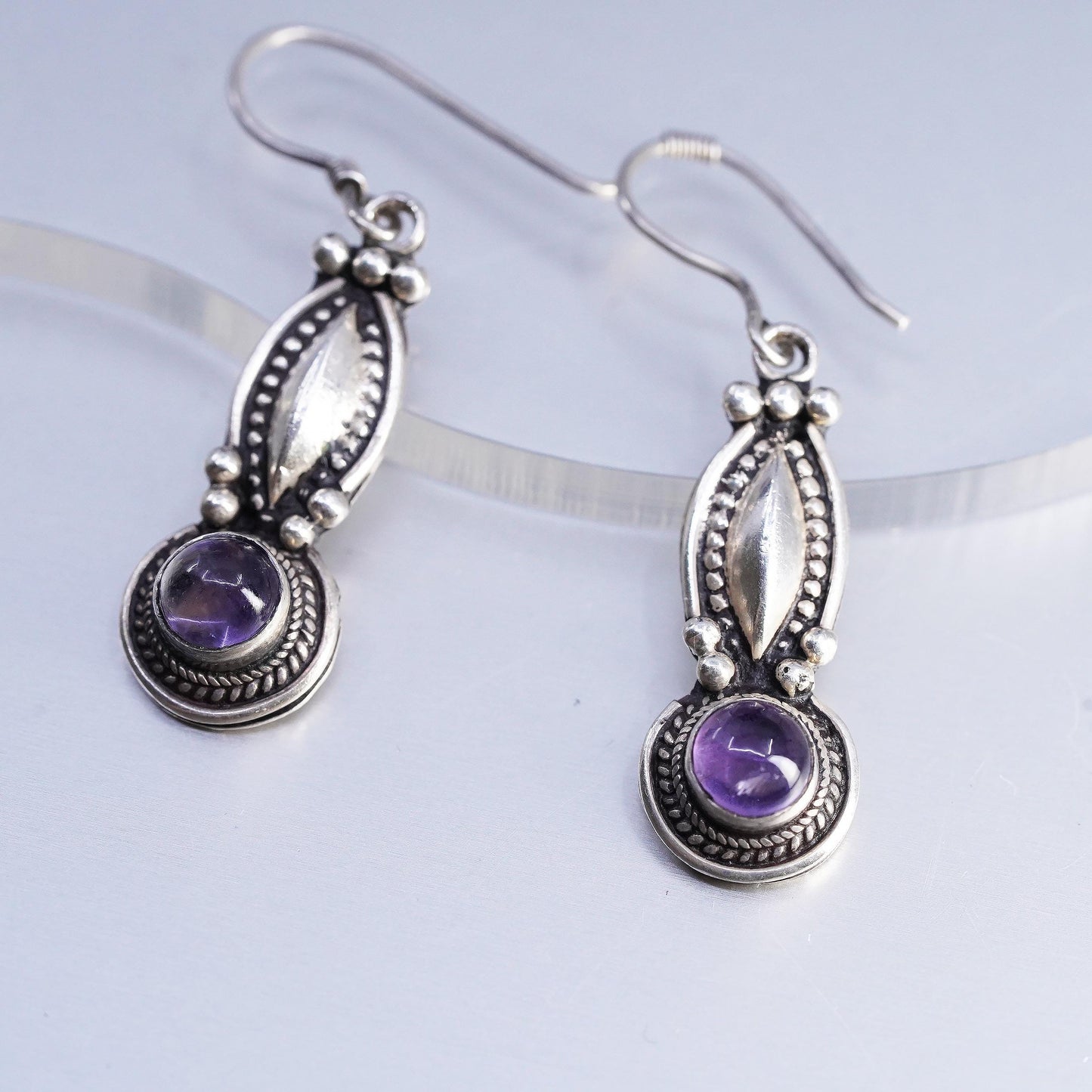 Sterling Silver Amethyst Dangle Earrings, 925 Southwestern Drops, Cabochon