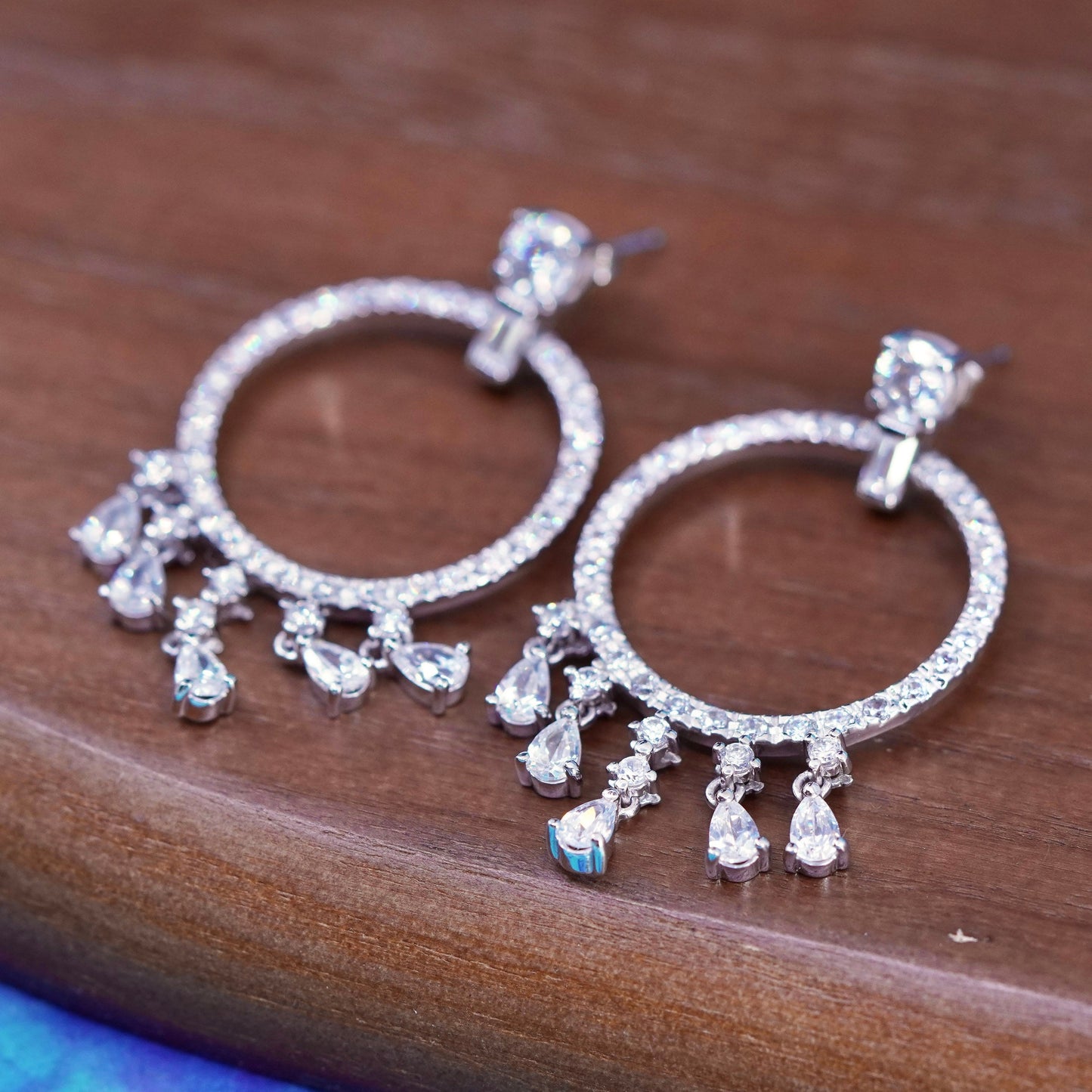 1”, Vintage Sterling silver earrings, 925 circle with cluster cz drops