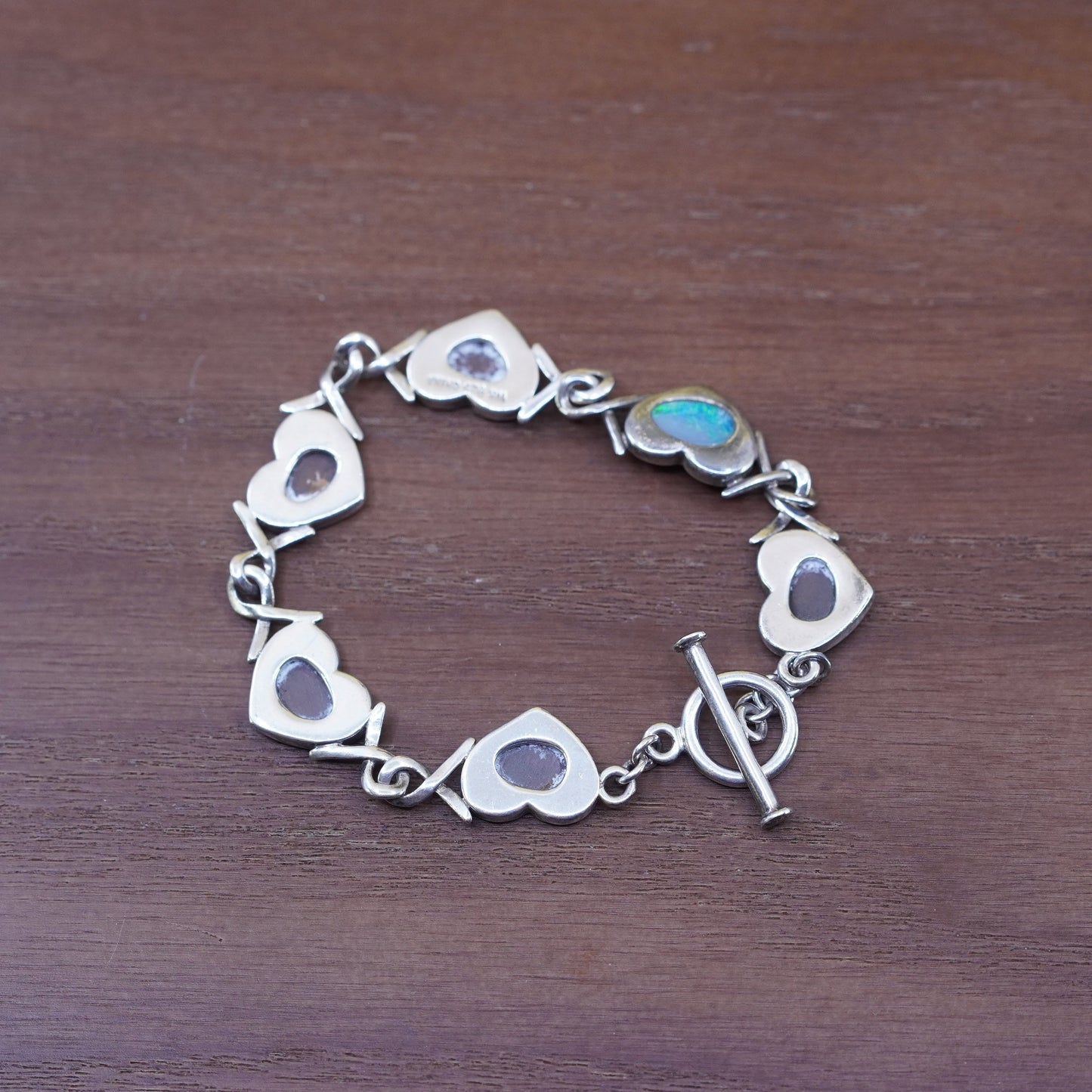5.75”, vintage Sterling 925 silver heart chain bracelet w/ blue fire opal inlay