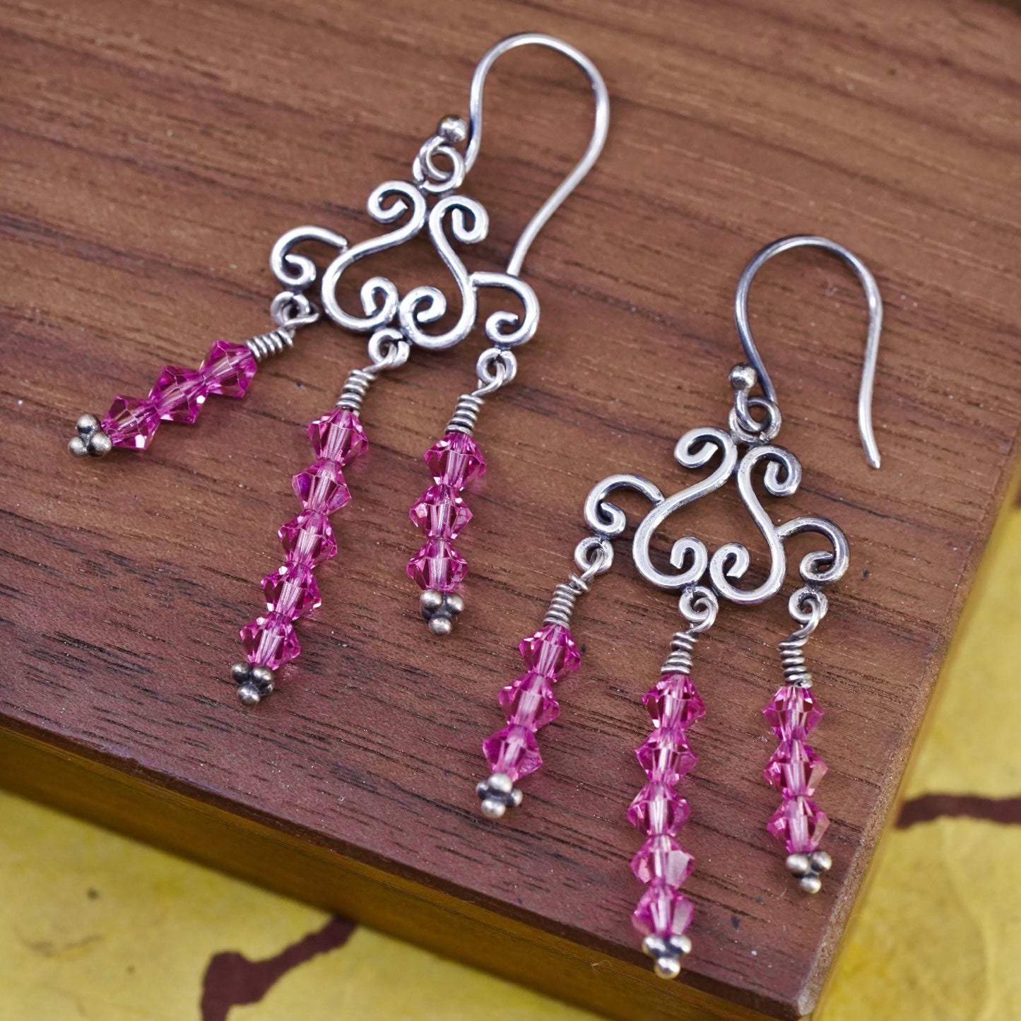 Vintage Sterling silver 925 handmade swirly earrings with pink crystal