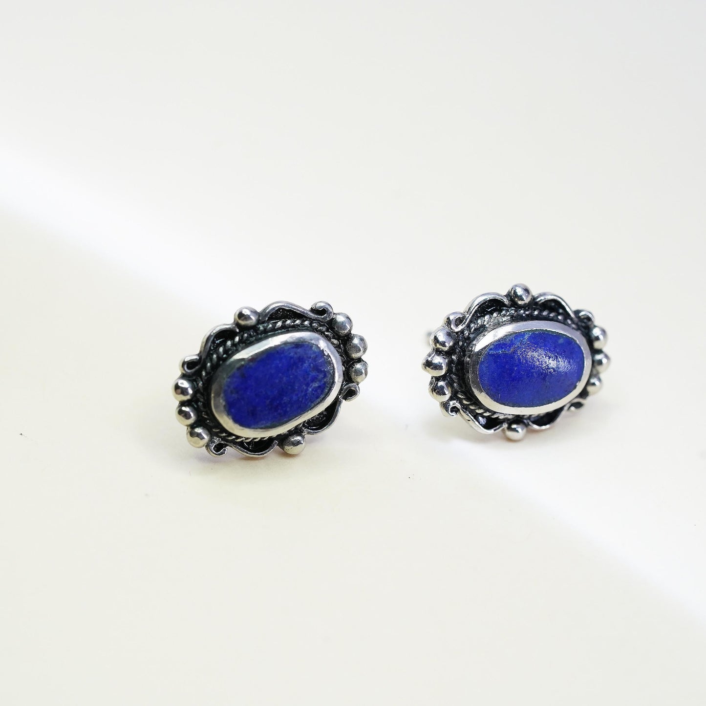 Vintage Sterling silver handmade earrings, 925 studs lapis lazuli and beads