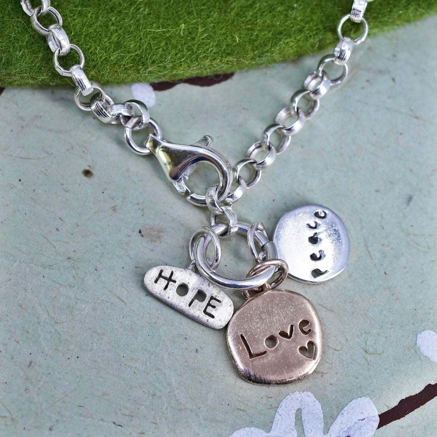 6.5”, sterling silver circle link bracelet, circle chain hope love peace charms