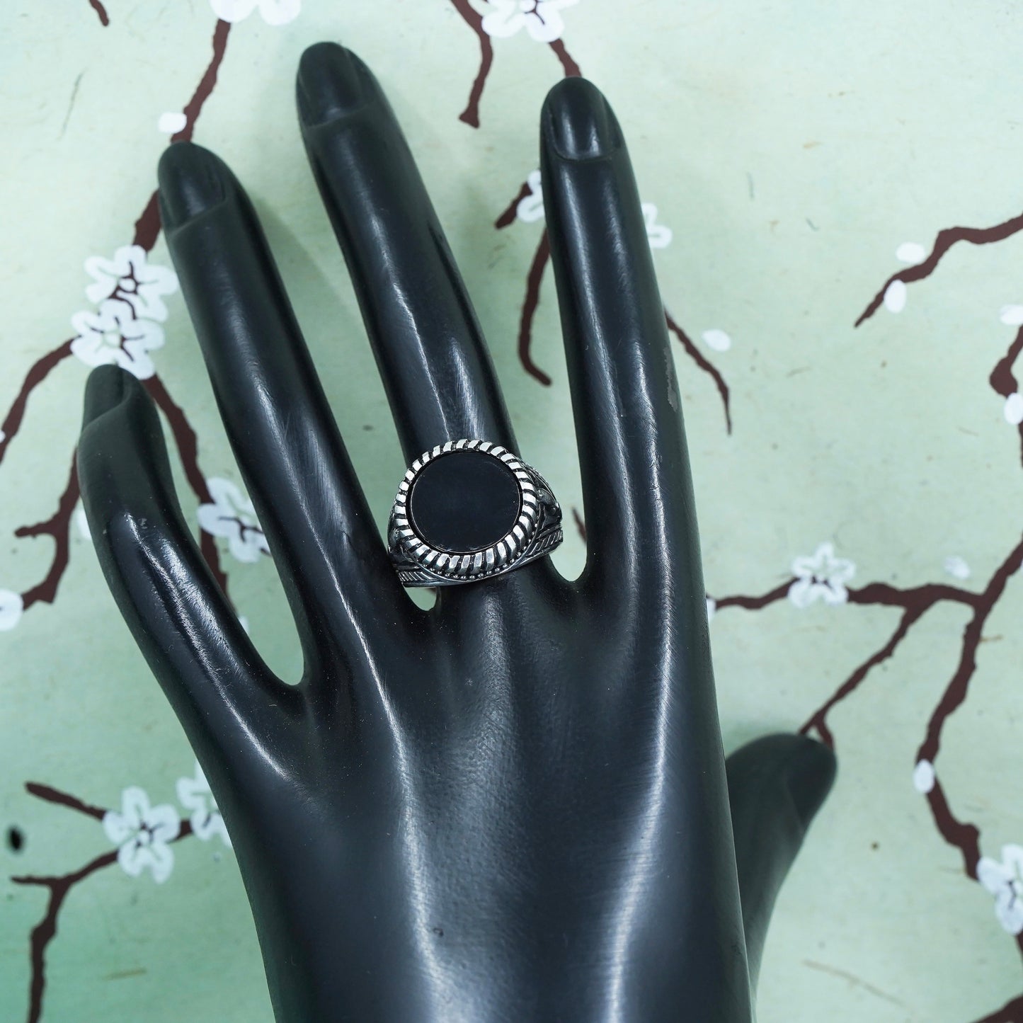 Size 8.25, sterling silver ring, Mexico 925 statement ring with round obsidian