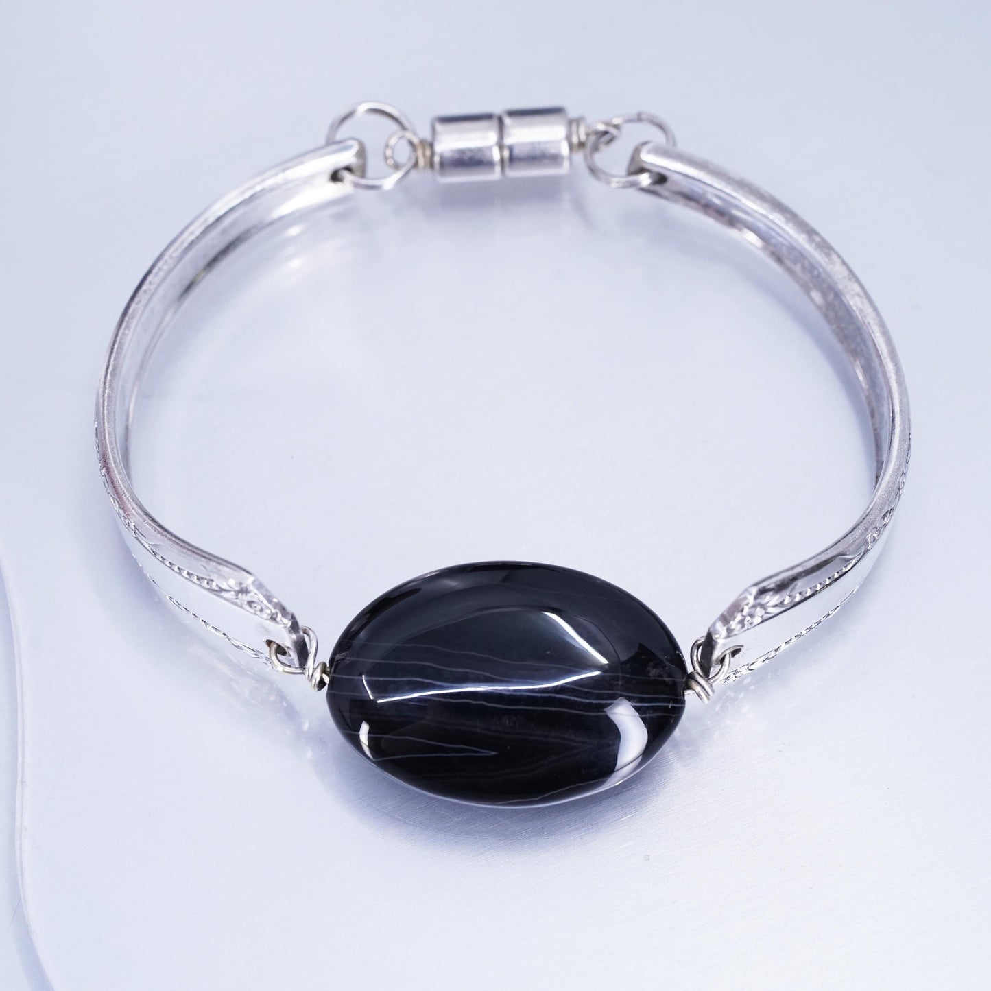 6.75”, Vintage silver tone handmade bracelet, spoon bangle with onyx