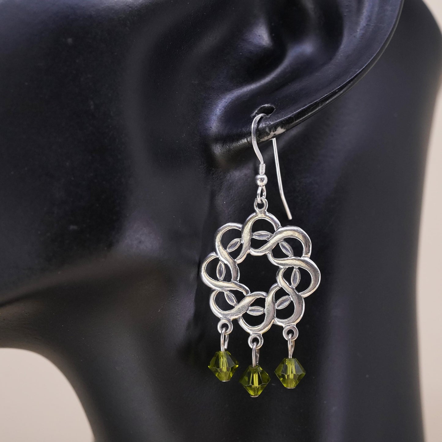 sterling silver single earring, 925 silver Irish Celtic knot peridot dangles