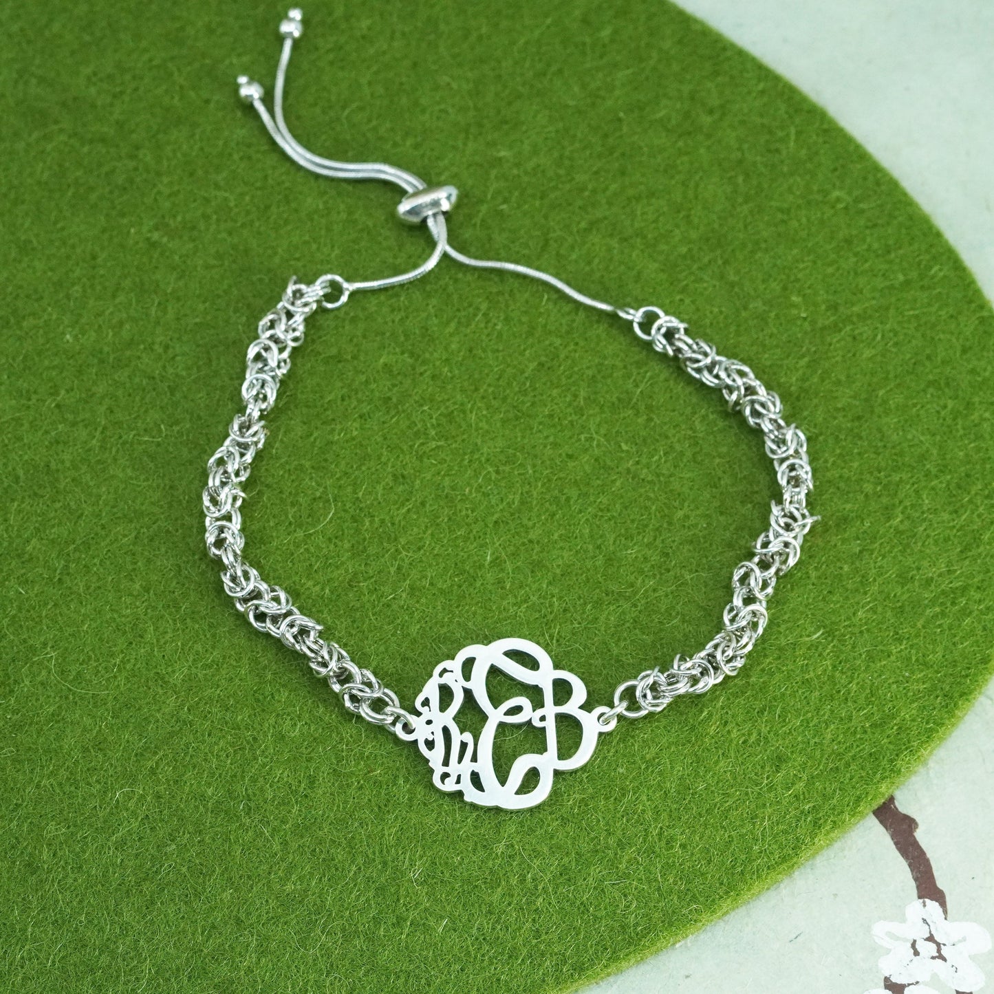 sterling silver birdcage Byzantine chain, 925 bracelet monogram “REB” tag charm