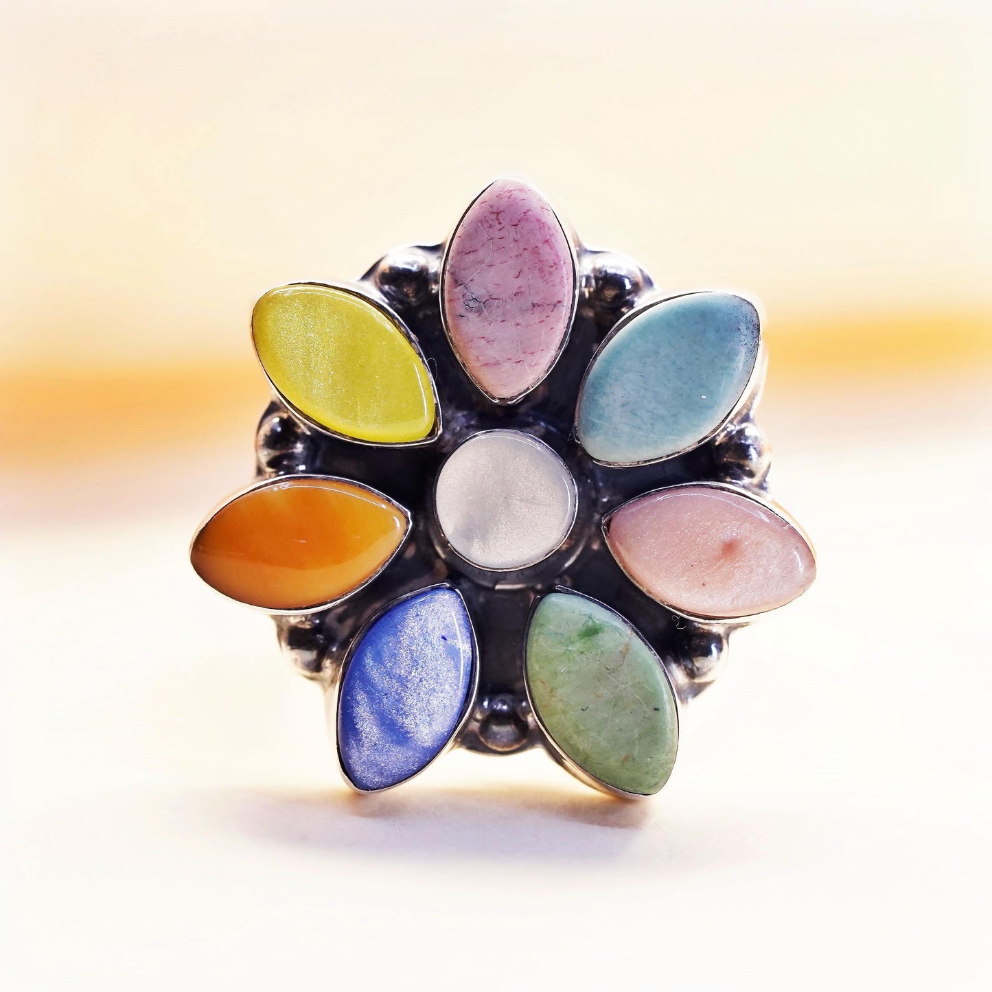 Size adjustable, Sterling 925 Silver Multi Gemstone Flower Ring, Jade Agate