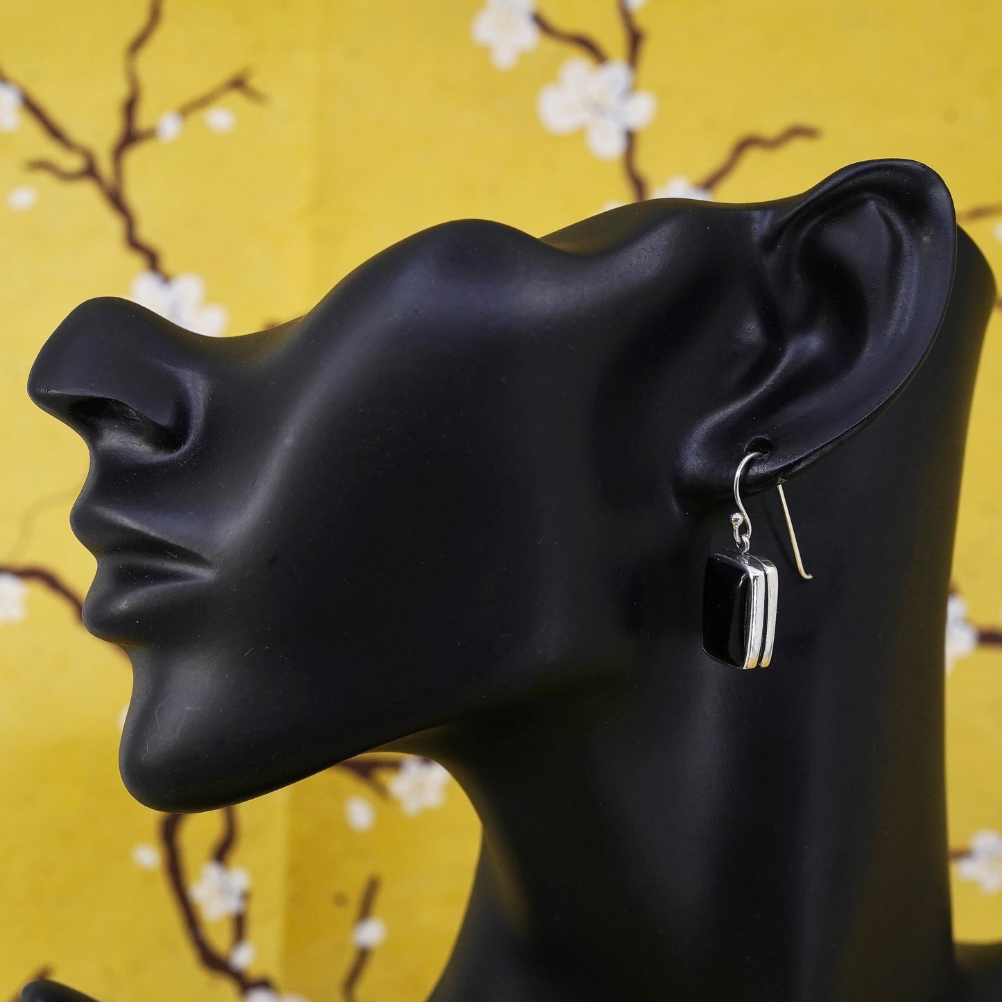 Vintage Sterling silver handmade earrings, Mexico 925 dangle with square onyx