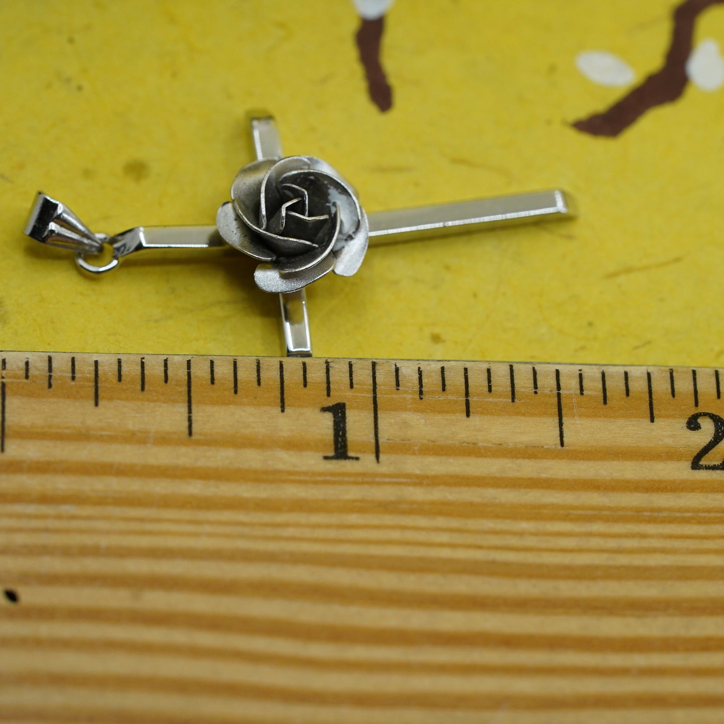 Vintage Sterling silver handmade pendant, 925 cross with rose flower