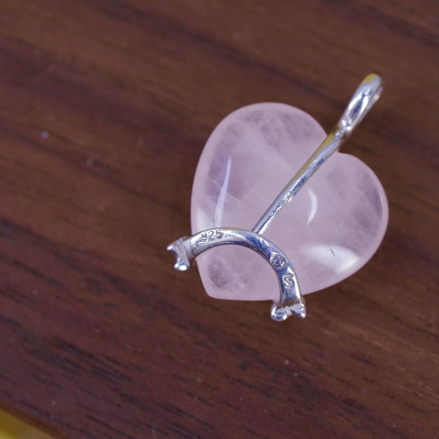 Sterling 925 silver heart pendant with pink quartz breast cancer cure ribbon
