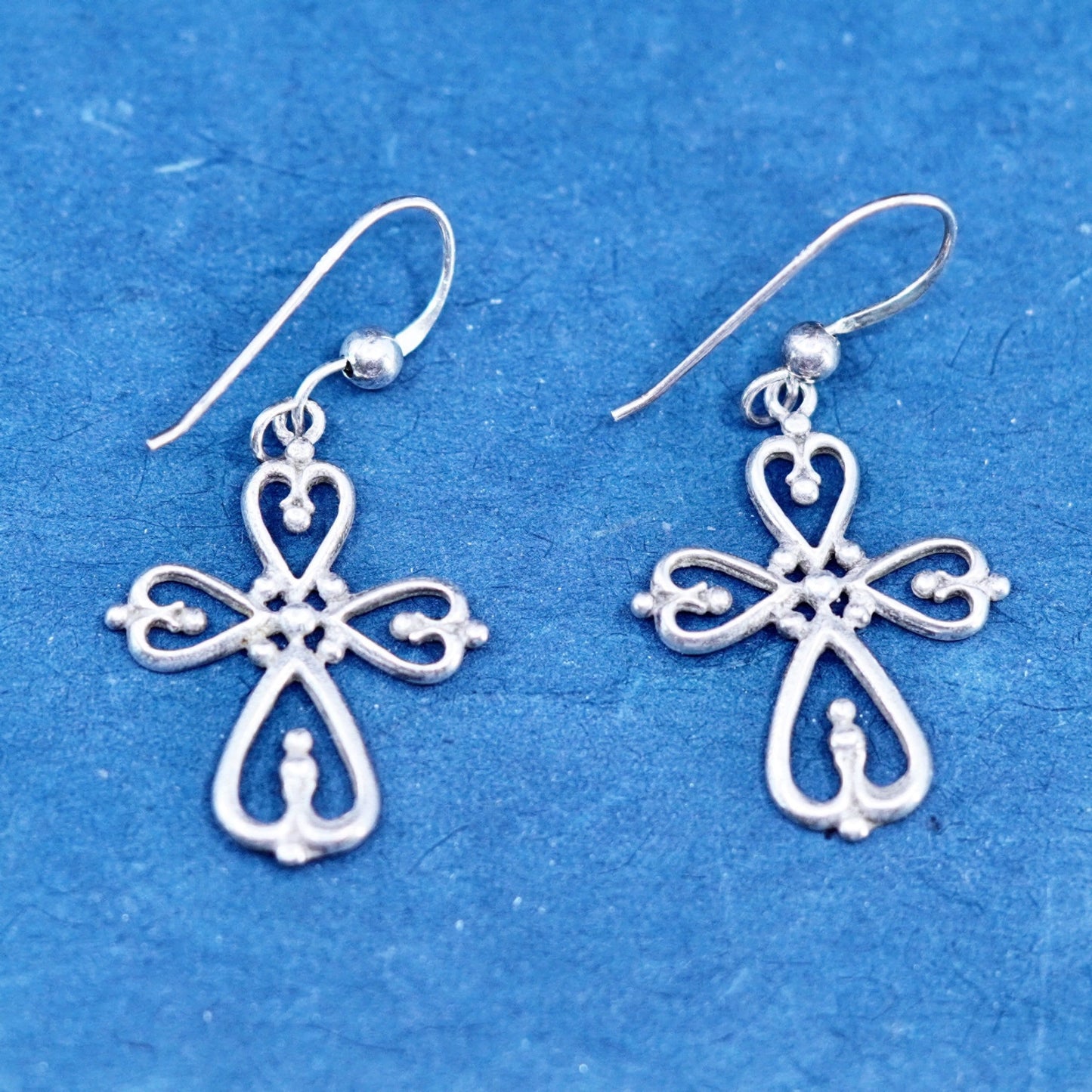 Vintage Sterling silver handmade earrings, 925 Bali filigree cross drops