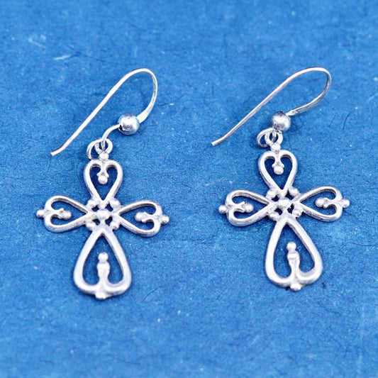 Vintage Sterling silver handmade earrings, 925 Bali filigree cross drops