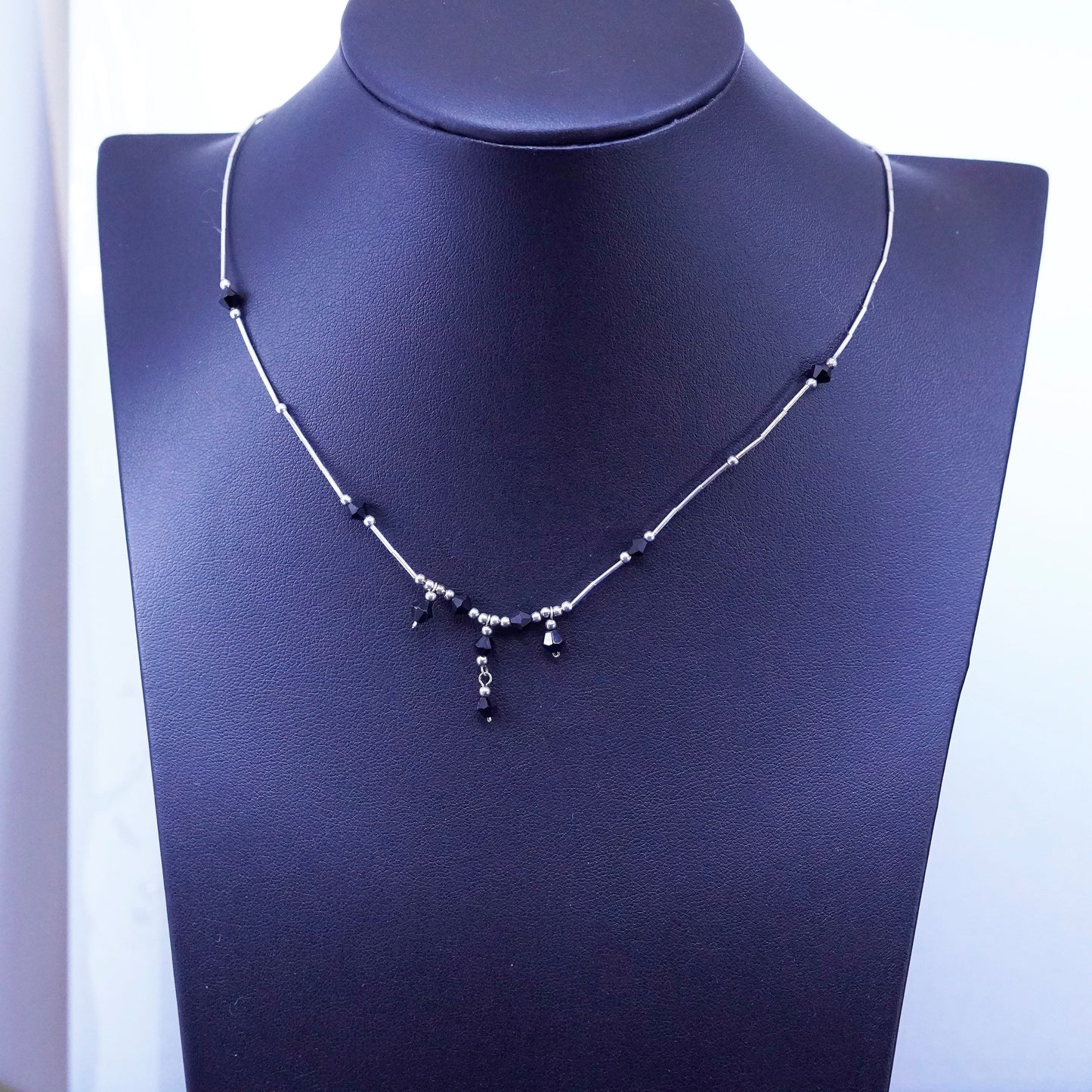16”, Native American Navajo Sterling 925 liquid silver chain w/ obsidian beads