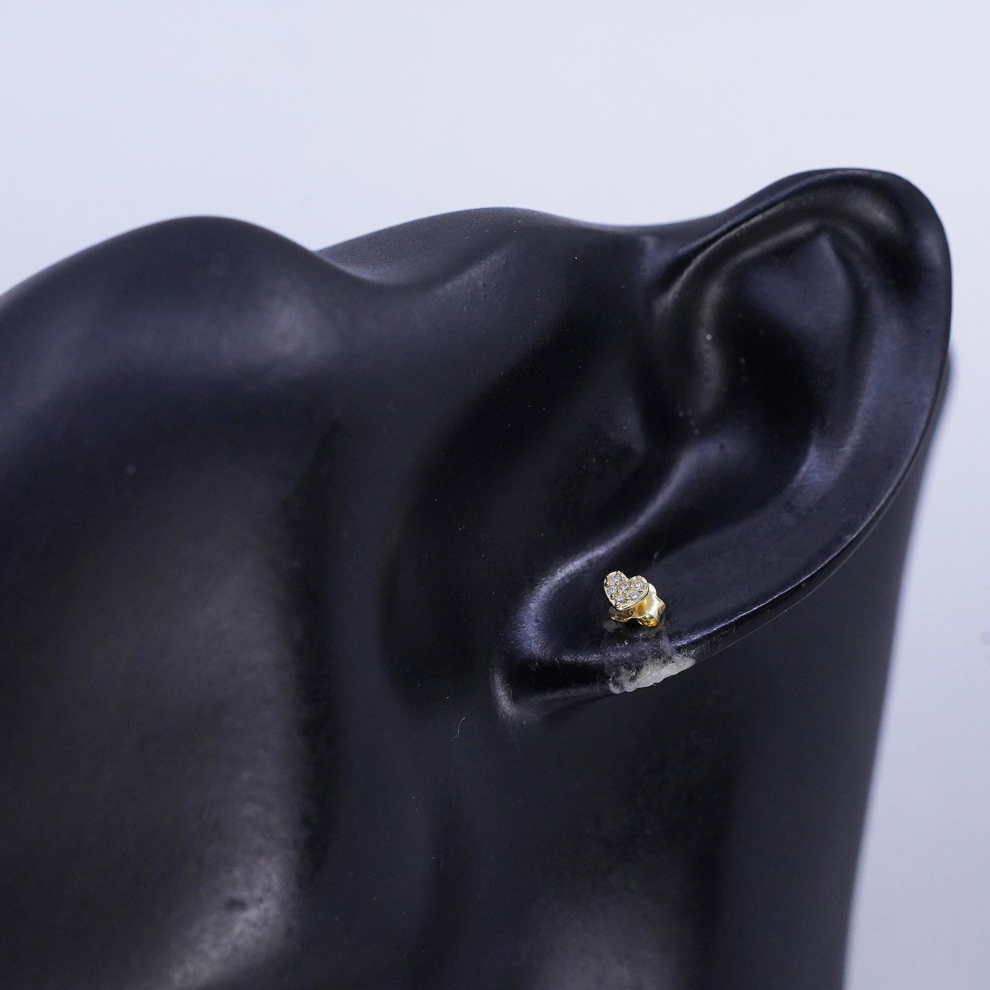 Vintage yellow gold plated Sterling 925 silver heart earrings, studs with cz