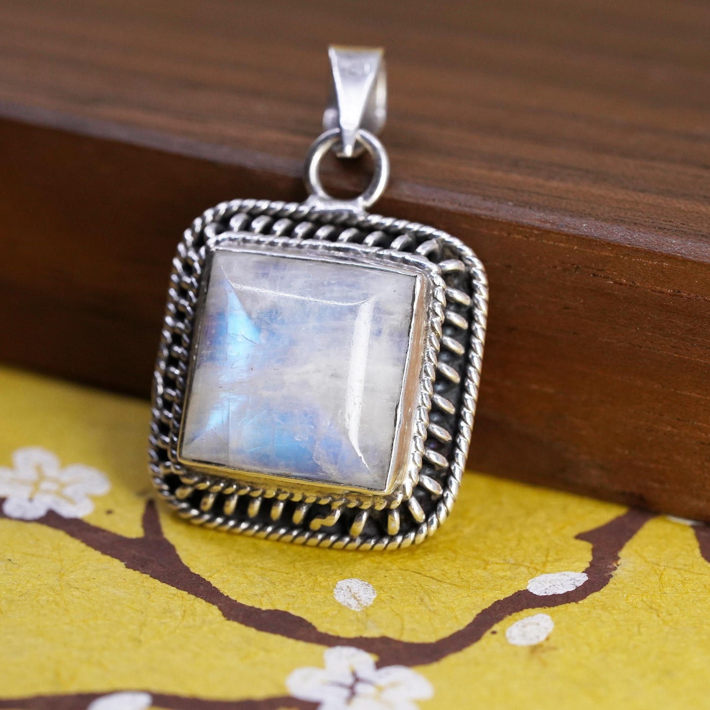 Vintage Sterling Silver Handmade Pendant, solid 925 silver square w/ moonstone