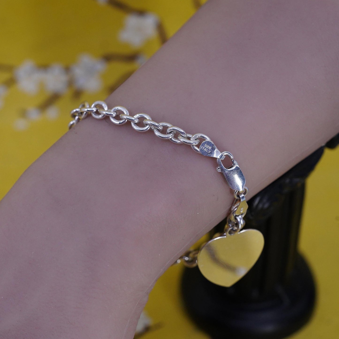 7”, Sterling silver bracelet, bold 925 circle chain with heart tag charm