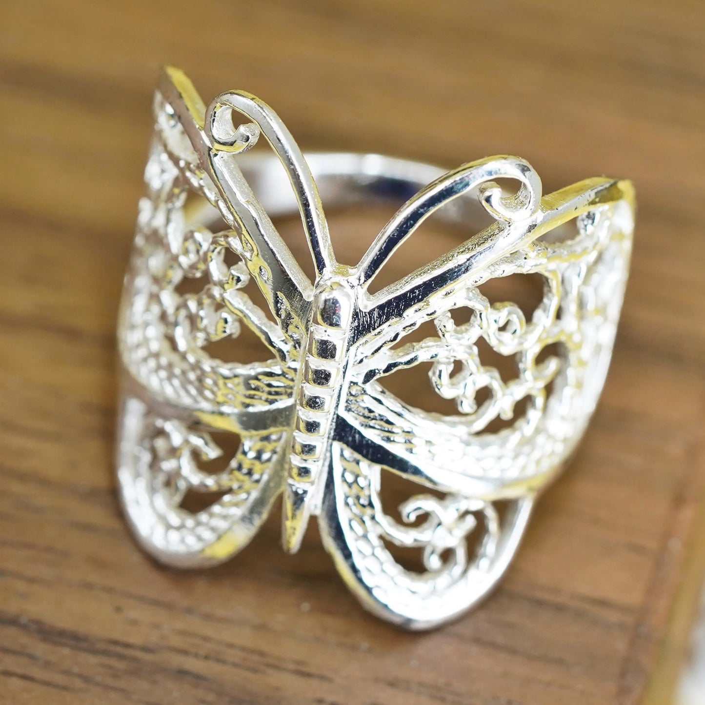 Size 8.5, Vintage Sterling silver handmade ring, 925 filigree butterfly band