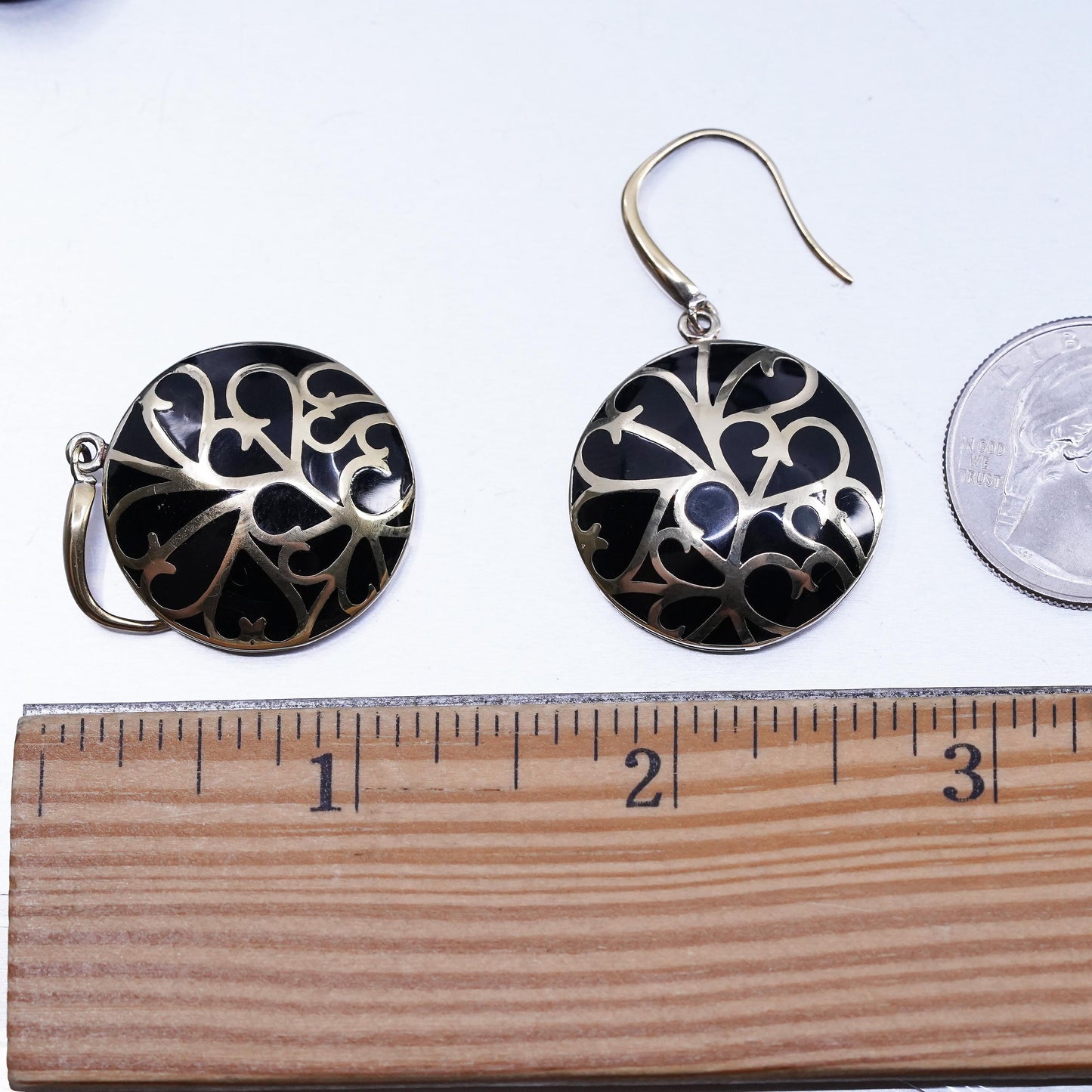 Vintage gold plated Sterling 925 silver circle spiral earrings black enamel