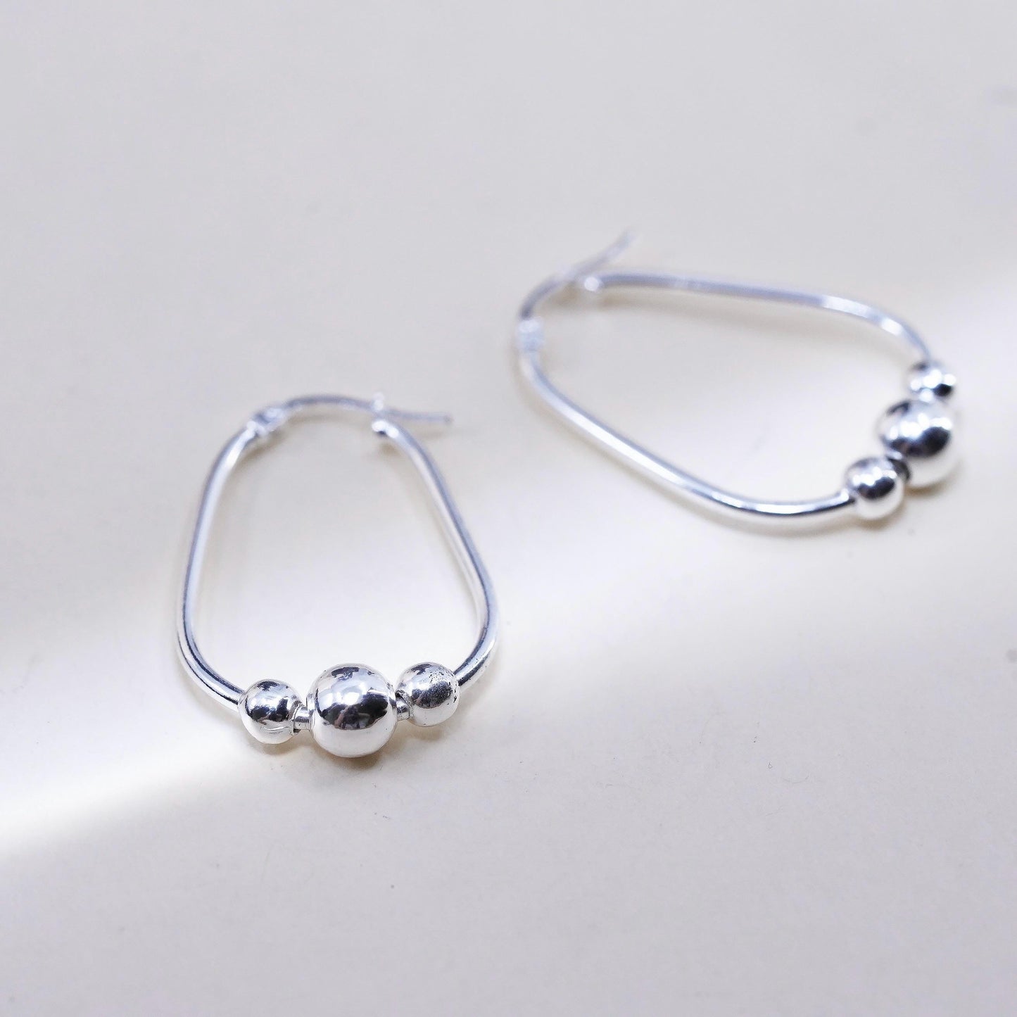 1.25”, Vintage sterling 925 silver loop handmade earrings, beaded oval hoops