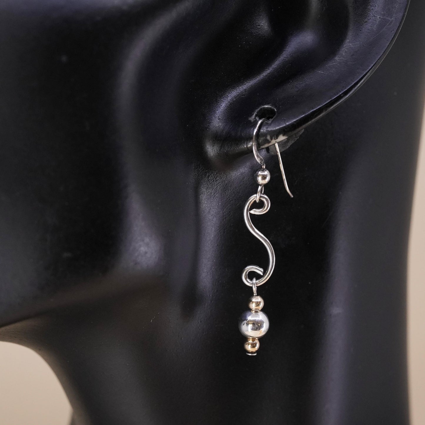 Vintage two tone sterling silver handmade single earring 14K yellow gold beads
