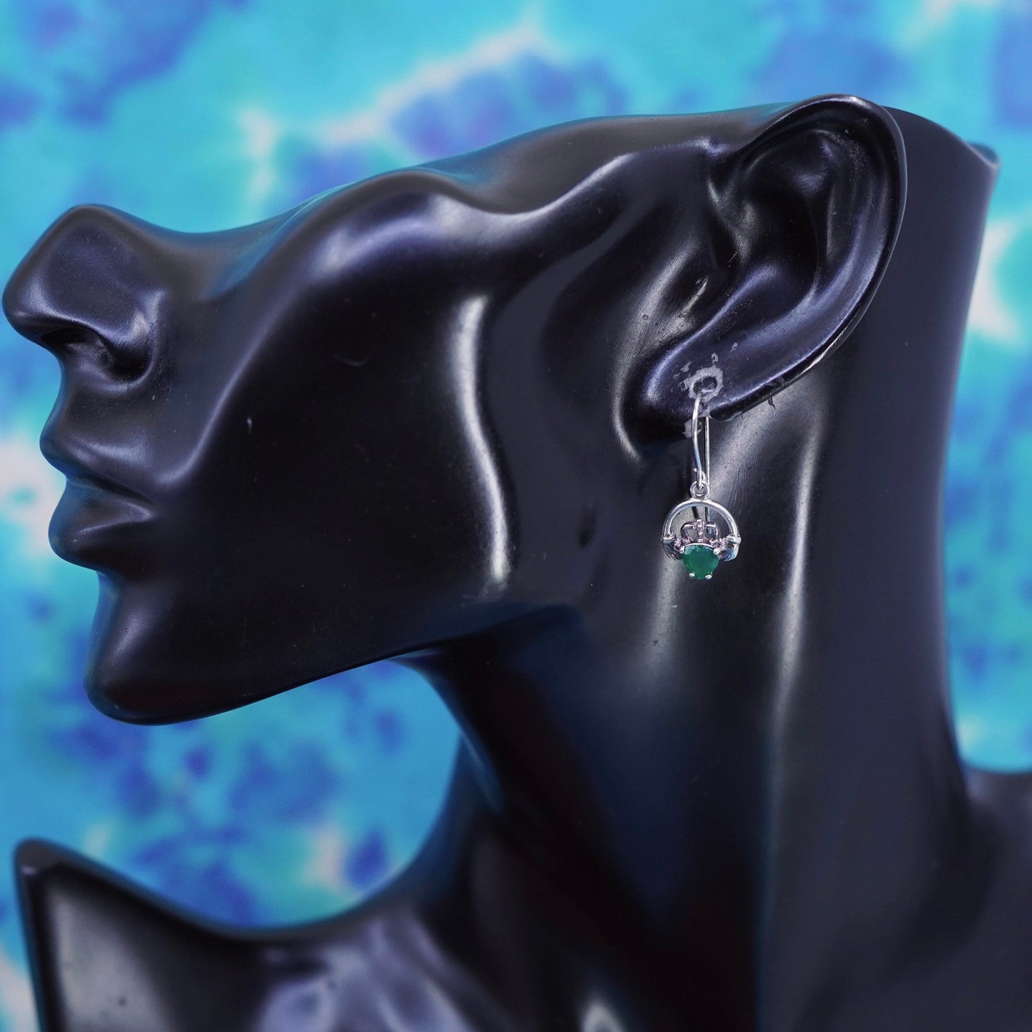 Vintage Sterling 925 silver handmade heart claddagh earrings with emerald heart