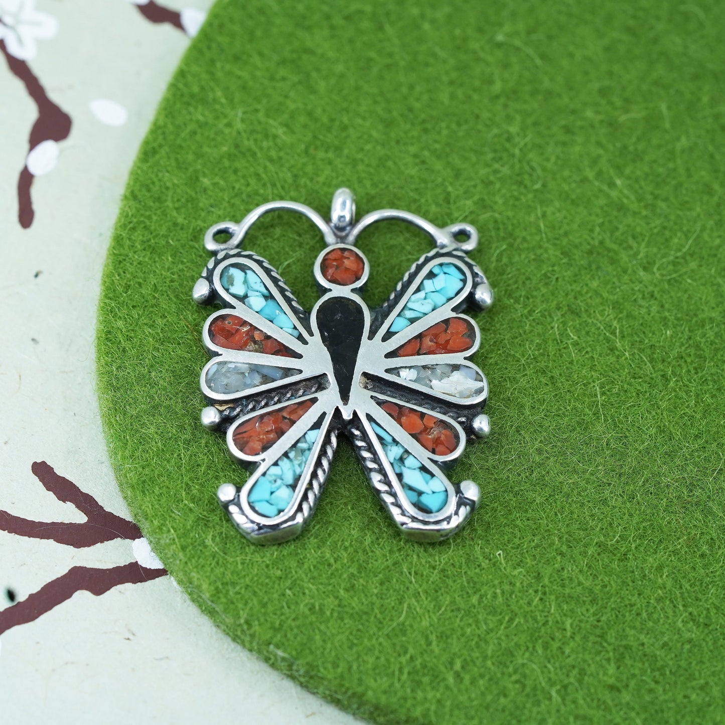 Native American sterling silver pendant, southwestern 925 butterfly turquoise