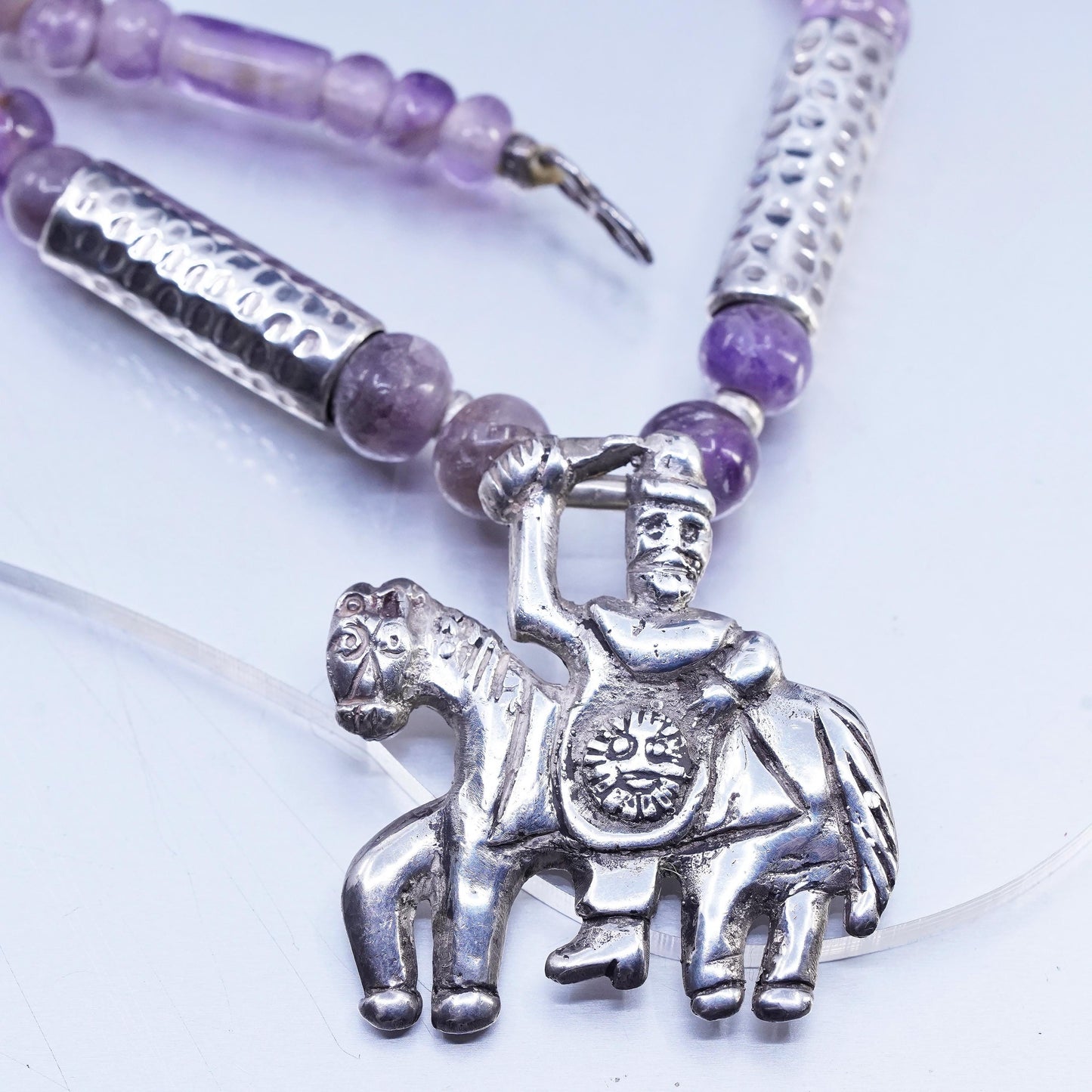 20", Mexican Aztec Sterling 925 silver necklace amethyst tube horse pendant