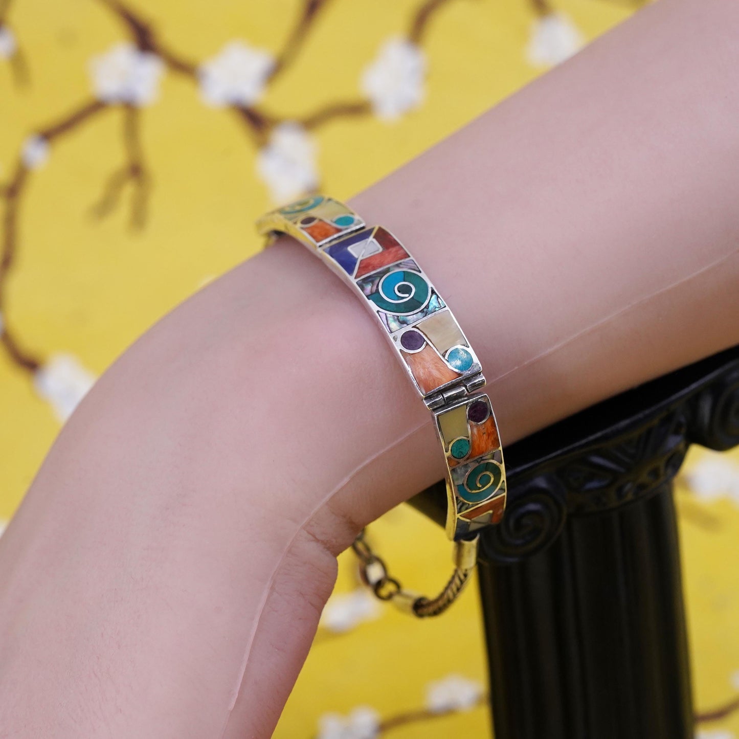 7”, vintage Peruvian Sterling silver handmade bracelet, Inca chakra 950 circle