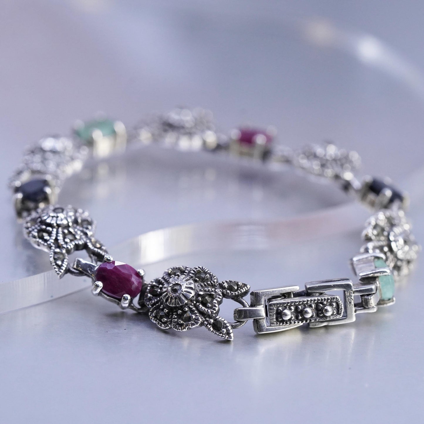 7", VTG Sterling Silver 925 Tennis Marcasite flower Bracelet ruby sapphire jade