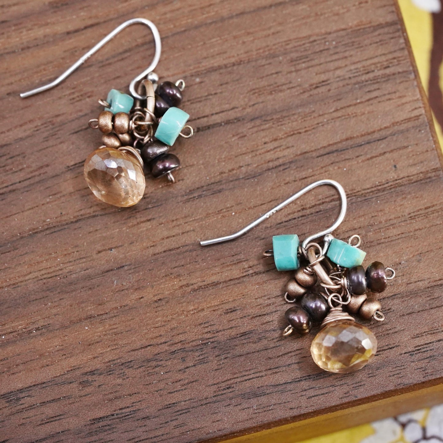 VTG sterling silver handmade earrings, 925 teardrop citrine turquoise beads