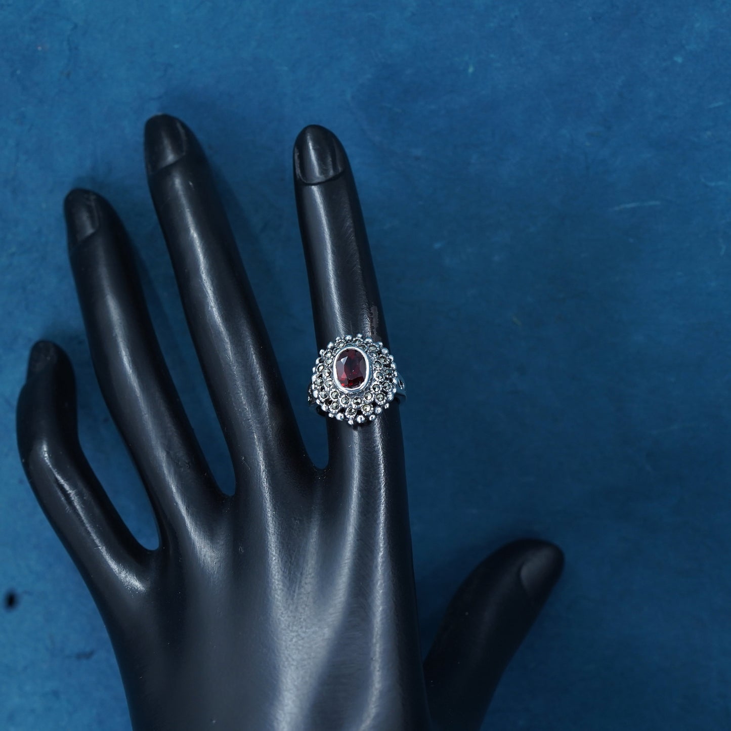 Size 4.5, Sterling silver handmade crown ring with ruby and cluster marcasite