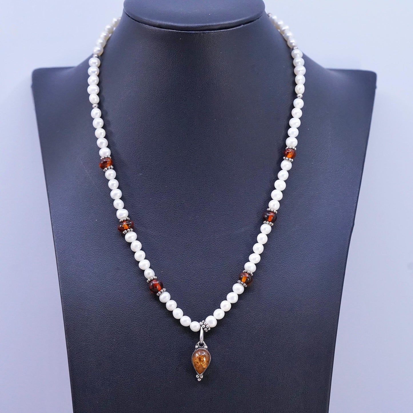 18", Sterling 925 silver necklace with freshwater pearl amber teardrop pendant